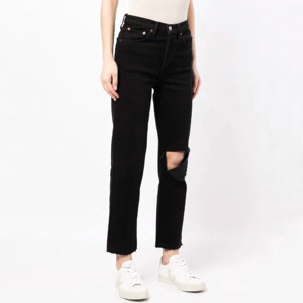 RE/DONE black noir rip Originals 70s Stove Pipe straight leg jeans